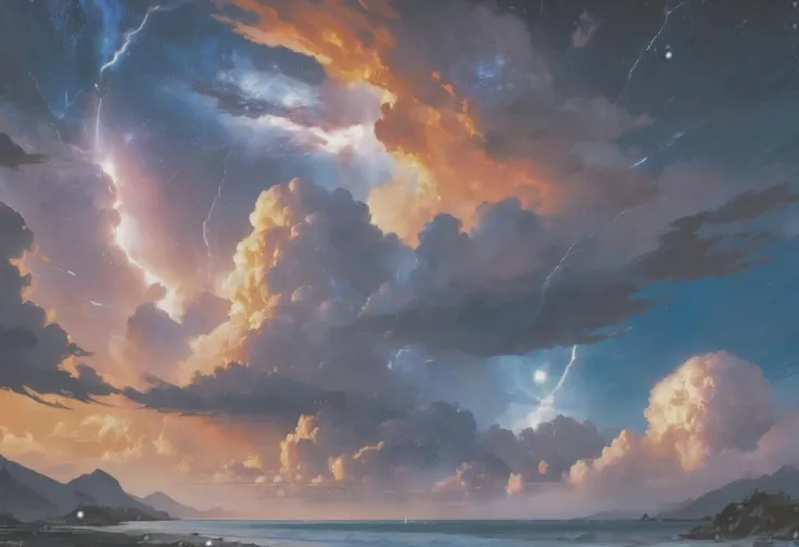 Sunset, blue and orange sky, full moon, thunderstorm, clouds, scenery, milky way, "at the Radiant Transcendent Nebula"