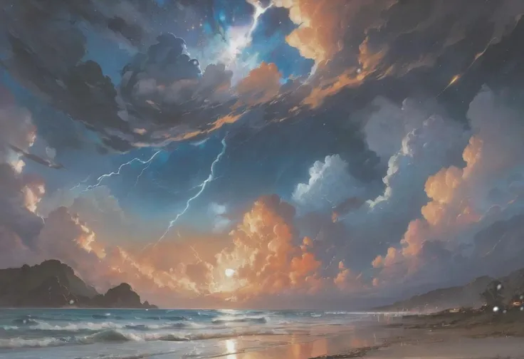 Sunset, blue and orange sky, full moon, thunderstorm, clouds, scenery, milky way, "at the Radiant Transcendent Nebula"