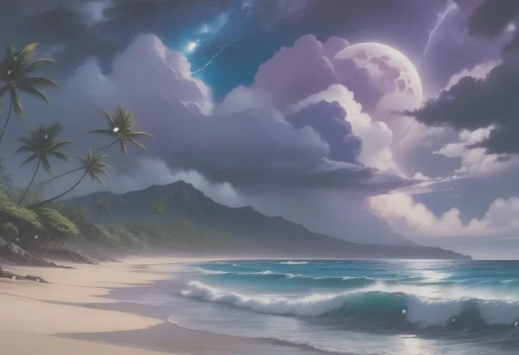 Beautiful hawaiian beach scene, late evening, dark blue and purple sky, full moon, thunderstorm, clouds, scenery, milky way, "at the Radiant Transcendent Nebula"