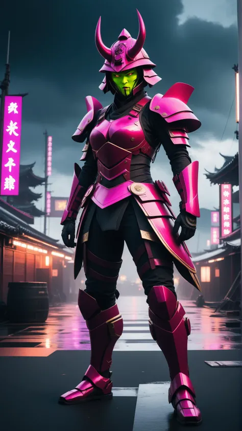 Cinematic photo of  <lora:BarbieCoreXL:1> BarbieCore  solo, (full body:0.6), looking up, detailed background, detailed face, (<lora:CyberPunkAI:0.6>, neon, CyberpunkAI theme:1.1), shogun, Magenta samurai armor, samurai helmet, dynamic pose, aggressive expression,   battlefield in background, wind, cinematic atmosphere,, in location: harbor, detailed background, movie screenshot, atmospheric