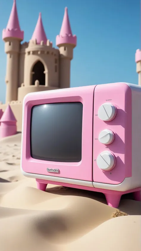 Cinematic photo of <lora:BarbieCoreXL:1> BarbieCore Microwaves, in location: sand castle kingdom, detailed background, BOKEH, DOF, atmospheric