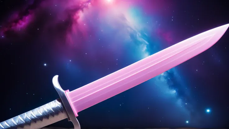 Cinematic photo of <lora:BarbieCoreXL:1> BarbieCore sword, in location: galactic vortex, detailed background, saturated colorful, atmospheric