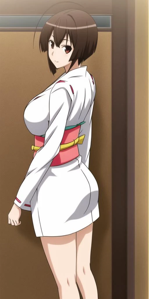 <lora:musubiSekirei_v10:.8>, musubi a woman with brown ponytail hair in a white kimono outfit, standing, hands_behind_back