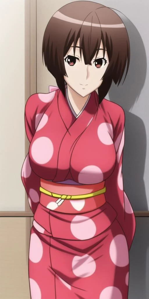 <lora:musubiSekirei_v10:.8>, musubi a woman with brown ponytail hair in a pink kimono outfit, standing, hands_behind_back