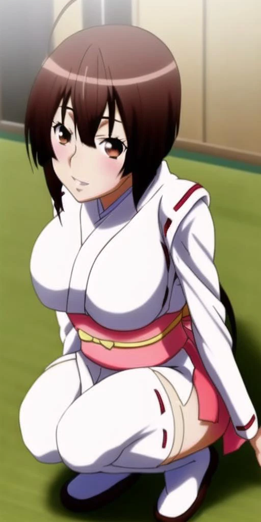 <lora:musubiSekirei_v10:1>, musubi a woman with brown ponytail hair in a white kimono outfit, squatting