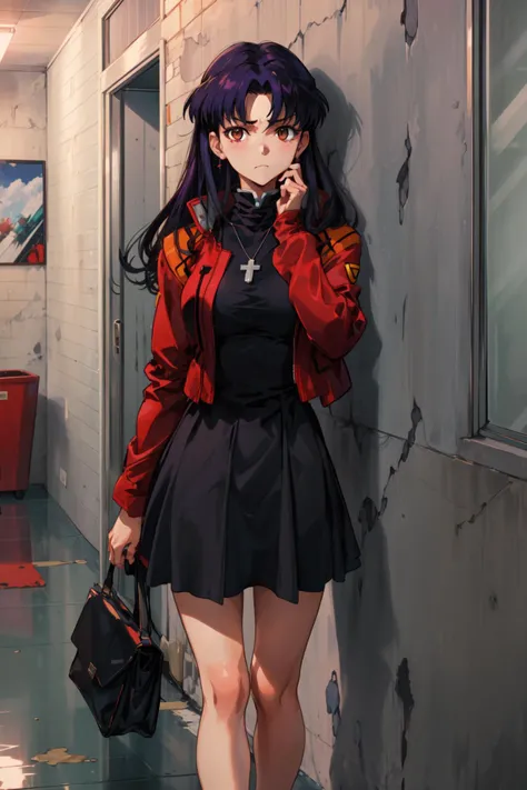 masterpiece,best quality,1girl,mature female,katsuragi misato,brown eyes,black dress,cross necklace,high collar dress,red jacket,standing,hand on own chin,serious,against wall,concrete wall,(indoors:1.2),<lora:CHAR-Evangelion-Katsuragi Misato-V1-SOSDAN:0.6>,