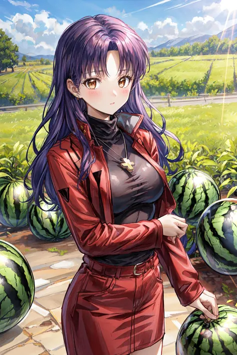 (masterpiece),(best quality), <lora:KatsuragiMisato:0.8>,  katsuragi misato, brown eyes, black sweater,  cross necklace, high collar dress,  pencil skirt, red jacket, red skirt, field, (((watermelon plantation))), watermelon farm, grass, tree, sunlight, <lora:Adddetail:0.8>,
