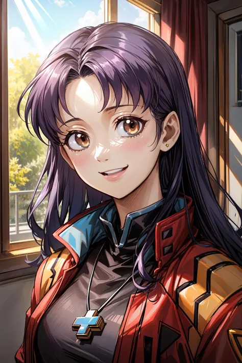 (masterpiece),(best quality), <lora:KatsuragiMisato:0.9>, katsuragi misato, black dress, brown eyes, cross necklace, high collar dress, red jacket, (portrait:1.2), upper body, luxury hall interior, windows, smile, sun, sunlight, <lora:Adddetail:0.7>