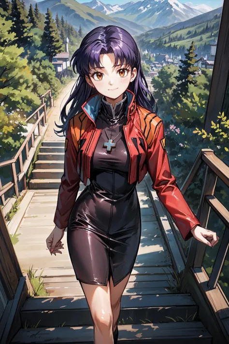(masterpiece),(best quality), <lora:KatsuragiMisato:0.85>, katsuragi misato, brown eyes, black dress, cross necklace, high collar dress, red jacket, walking, closed mouth, stairs, temple, mountain, forest,  lake, looking at the viewer, <lora:Adddetail:0.7>