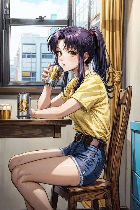 (masterpiece),(best quality), <lora:KatsuragiMisato:0.8>, katsuragi misato, brown eyes, ponytail, yellow t-shirt, denim shorts, belt, table, chair, sitting, can, beer can, windows, <lora:Adddetail:0.8>
