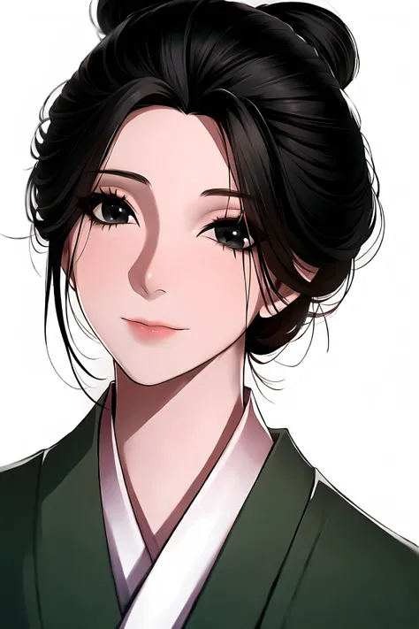 1girl, white background, black hair, closed mouth, japanese clothes, kimono, hair bun, looking at viewer, black eyes, single hair bun, portrait, upper body, brown eyes, short hair,emma \(sekiro\),(shiny skin),(mature female:1.2),<lora:emma-v1.5-anyfinal-5ep:0.7>