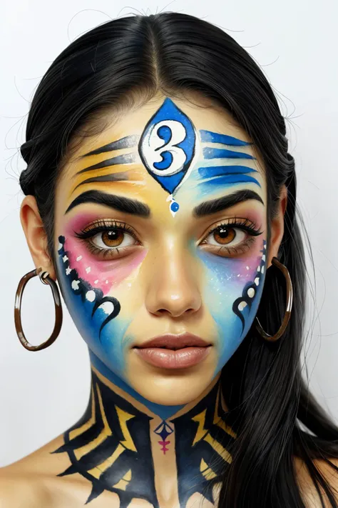 (watercolor painting:1.2) of <lora:sd15_locon_RayBitancourt_32_v1:.9> RayBitancourt, close up on face, focus on eyes, (numerology face paint:1.2)