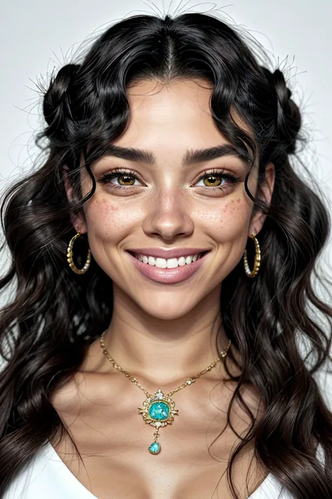 (pop surrealistic, dreamlike, pop culture elements, vibrant, detailed:1.15), <lora:sd15_locon_RayBitancourt_32_v1:.9> RayBitancourt, focus on eyes, close up on face, grinning, wearing jewelry, hair styled as wavy hair, ND filter