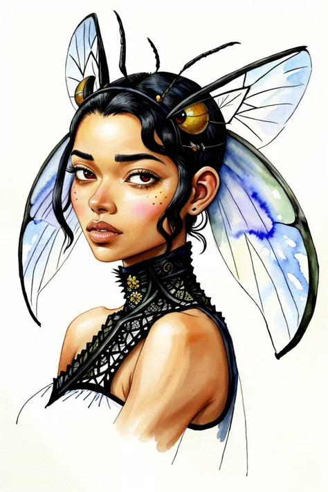 an extremely detailed, intricate watercolor painting of <lora:sd15_locon_RayBitancourt_32_v1:.9> RayBitancourt with ant antenna on her head, she has multifaceted eyes, she has insect wings for ears