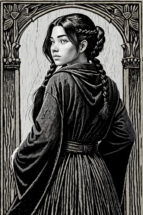 (woodcut style, engraved, textured, detailed, monochrome:1.15), half-body of <lora:sd15_locon_RayBitancourt_32_v1:.9> RayBitancourt, focus on face, from behind wearing a mage robe , her hair is styled as messy fishtail braid,