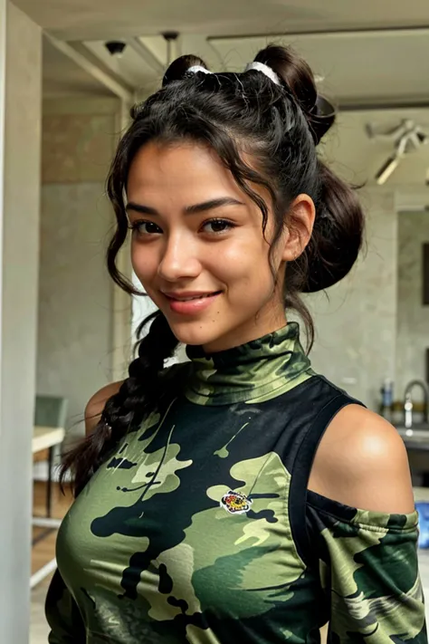 half-body of photo of <lora:sd15_locon_RayBitancourt_32_v1:.9> RayBitancourt, focus on smiling face, wearing camo , her hair is styled as Curly Ponytail,
