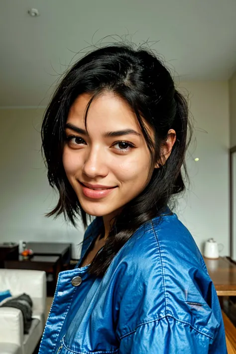 (high angle, closeup on face:1.2) of photo of <lora:sd15_locon_RayBitancourt_32_v1:.9> RayBitancourt, smiling, she is wearing gakuran , her hair is styled as side-parted hair, BREAK she is (in the living room:1.1), direct flash photography, shot on Hasselblad 500CM ,