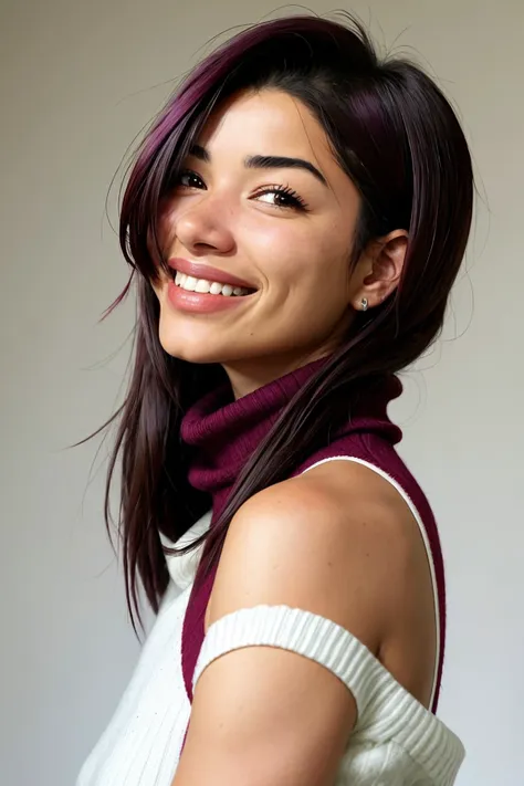 (style of Mark Rothko:1.15), headshot of <lora:sd15_locon_RayBitancourt_32_v1:.9> RayBitancourt, focus on smiling face, from behind wearing a turtleneck , her medium red-violet color hair is styled as choppy shoulder-length hair,