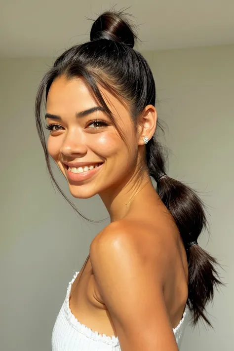 photo of <lora:sd15_locon_RayBitancourt_32_v1:.9> RayBitancourt, focus on eyes, close up on face, smiling, hair styled as half-up ponytail, vignette