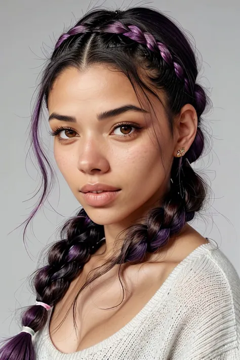 headshot of photo of <lora:sd15_locon_RayBitancourt_32_v1:.9> RayBitancourt, focus on face, wearing a thin sweater , her pastel purple color hair is styled as french braided headband,