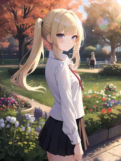 absurdres, 1girl, very intricate, ultra detailed, twintails, long hair, blonde hair, :3, garden, park, nature, autumn. lens flare