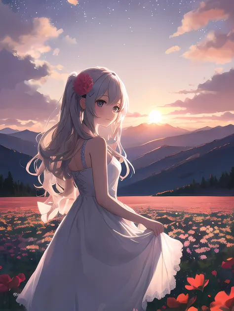 absurdres, best quality, 1girl, hair ornaments, flower field, (flowers, sunset, stars:1.15), :3, clouds, intricate dress, long hair, snow capped mountains in the background, dreamy