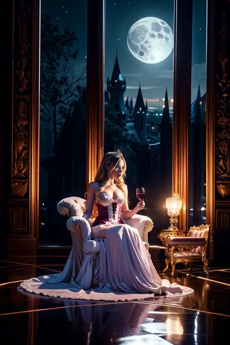 zoey, vampire, princess, castle, throne room, wine glass, moonlight, drinking blood, aesthetically, highly aesthetic, artistically, extremely detailed, masterpiece, light refraction, extremely detailed, hyperdetailed, masterpiece