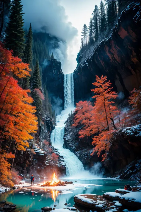 a photo of two people camping near a glass volcano in the grand canyon, surrounded by ice forest, volcano is spewing colorful fumes, all the forest is covered in many colors, aesthetically, highly aesthetic, artistically, extremely detailed, masterpiece, light refraction, extremely detailed, hyperdetailed, masterpiece