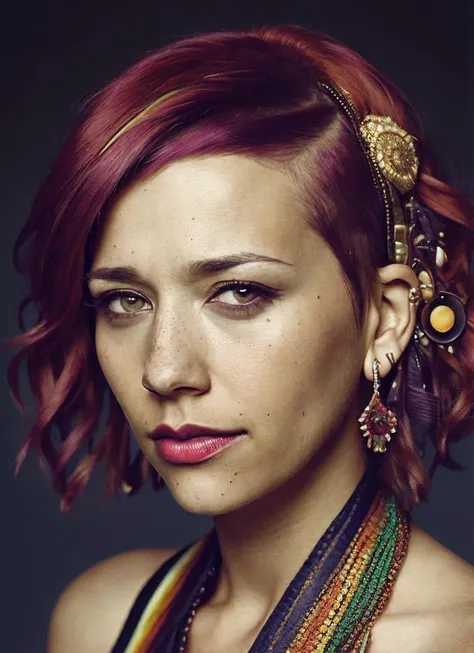 portrait of sks woman by Flora Borsi, style by Flora Borsi, bold, bright colours, rainbow Mohawk haircut, ((Flora Borsi)), <lora:locon_rashida_v1_from_v1_64_32:1.3>