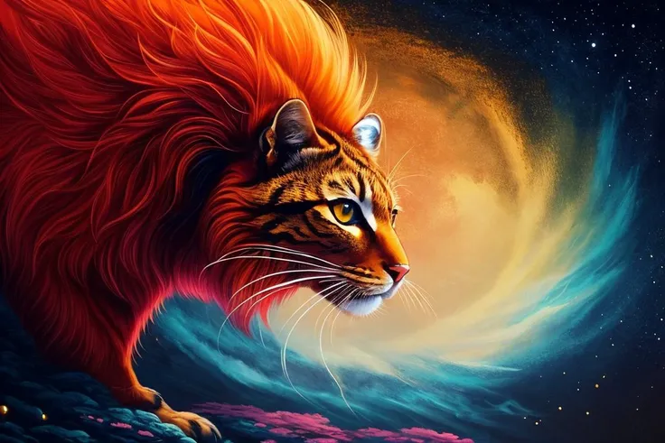 (( art by Victo Ngai )) painting named surrealistic dream of mystery cat in rpg world, animal, fluffy fur, (limited colors, red, black, gold) BREAK, perfect quality, best quality, ultrasharp, ultradetailed, perfect quality, masterpiece, intricated details, <lora:add_detail:0.4>, wallpaper, 8k