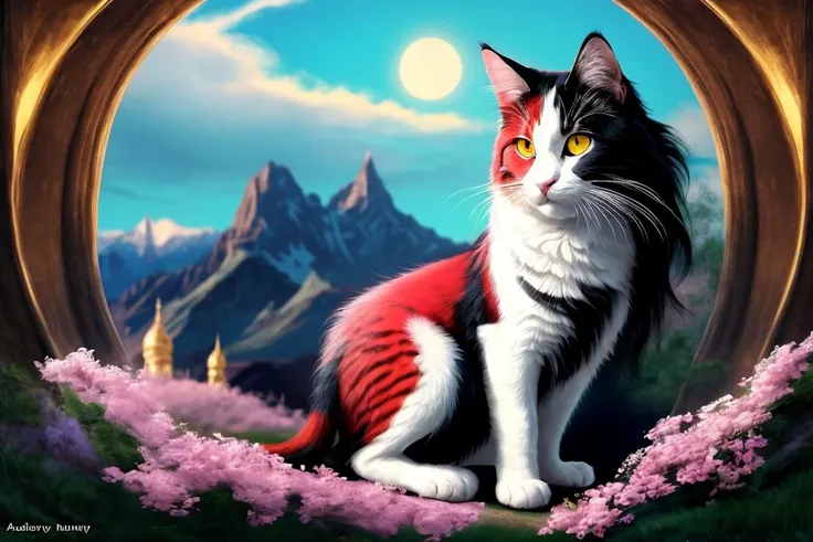 (( art by Aubrey Beardsley )) painting named surrealistic dream of mystery cat in rpg world, animal, fluffy fur, (limited colors, red, black, gold) BREAK, perfect quality, best quality, ultrasharp, ultradetailed, perfect quality, masterpiece, intricated details, <lora:add_detail:0.4>, wallpaper, 8k