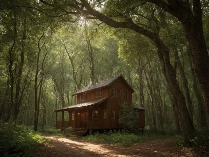 masterpiece_portrait,(best quality:1.4)),photorealistic,(ultra high res),(detailed lighting:1.2),(cinematic lighting:1.1),realistic,intricate_details, finely_detailed,8K Ultra High Definition,wide shot,Sunlit glade in the heart of the forest, perfect for picnics and relaxation,Twilight forest with glowing orbs floating among the branches,Luminous Canopy: A forest scene with a canopy of trees illuminated by shafts of sunlight. The rays of light create a heavenly glow, illuminating patches of foliage and accentuating the depth of the forest.,Hidden Abode: A forest scene with a secluded cabin nestled among the trees. The cabin represents a retreat from the outside world, inviting viewers to imagine their own hidden haven.,