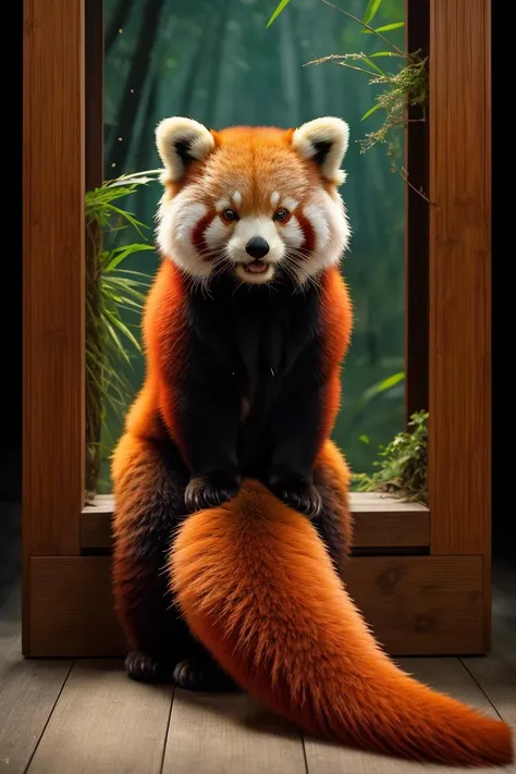 a professional shot of Red Panda (Ailurus fulgens) - Despite its name, this mammal is not actually related to giant pandas but rather belongs to its own family. It has reddish-brown fur, pointed ears, and a bushy tail. Its body size resembles that of a domestic cat, measuring about 24 inches long including the tail. The red panda's primary habitat is bamboo forests in southern China. in natural habbitat , detailed feathers, good proportions, masterpiece, ultrasharp, ultraclear, deatiled shadows photorealistic,  PA7_Photo, raw photo, dynamic angle, dynamic pose , best quality, 8k wallpaper , <lora:PZH_tarot_electronic:0.74>