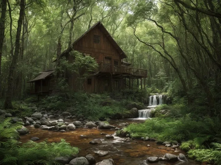 masterpiece_portrait,(best quality:1.4)),photorealistic,(ultra high res),(detailed lighting:1.2),(cinematic lighting:1.1),realistic,intricate_details, finely_detailed,8K Ultra High Definition,wide shot,Secluded cabin nestled in the heart of a serene forest,Deep forest path lined with ancient stone pillars and moss-covered statues,Verdant Refuge: A dense and vibrant forest teeming with life. The myriad shades of green, interspersed with colorful wildflowers, paint a picture of a lush and abundant ecosystem.,Enchanted Waterfall: A forest landscape with a multi-tiered waterfall surrounded by lush greenery. The dynamic movement of water and the abundance of vegetation create a magical and captivating scene.,