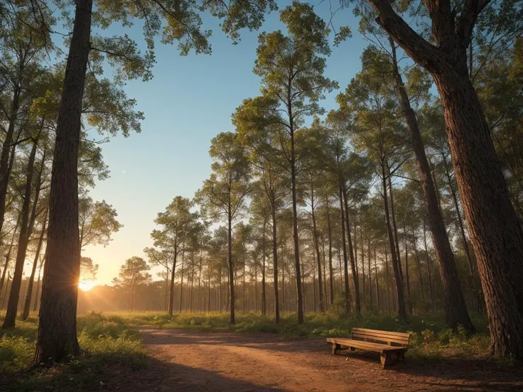 masterpiece_portrait,(best quality:1.4)),photorealistic,(ultra high res),(detailed lighting:1.2),(cinematic lighting:1.1),realistic,intricate_details, finely_detailed,8K Ultra High Definition,wide shot,Forest with a hidden treasure chest buried beneath fallen leaves,Forest at sunset, with vibrant hues painting the sky and foliage,Whispering Pines: A forest dominated by towering pine trees that sway gently in the breeze. The rhythmic rustling of the needles and the fresh scent of pine evoke a sense of tranquility.,Harmonious Retreat: A forest clearing with a wooden bench or swing, inviting viewers to rest and appreciate the tranquil beauty of nature. The scene exudes a sense of calm and harmony.,