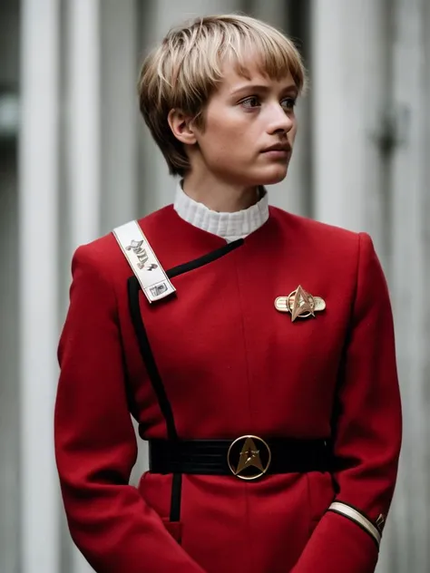 PA7_Photo, PA7_Human-Likeness, 24 yo beautiful blond woman, perfect teeth, pixie cut hair, slight smile, (twokunf red uniform, badge:1.3), black pants, elegant room<lora:TWOK_OC:0.8>PA7_Portrait-MCU