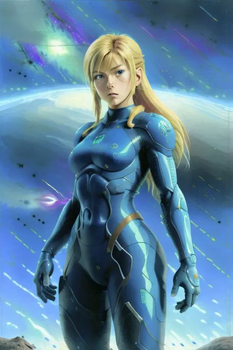 Portrait of samus aran zero suit blue figurine pose full body nintendo artwork lev lagorio damaged textured oil painting on canvas realistic clear sky, big brush strokes outline luminous night space starry background <lora:levlagorio:1.23> fierce looking wild hairs