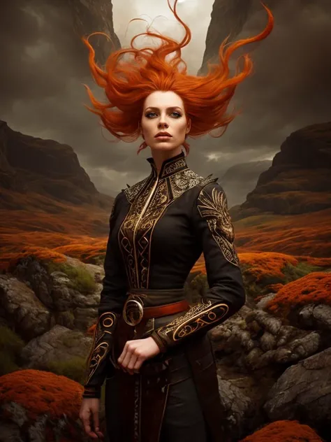 1girl, beautiful, orange hair, fantastical hair, standing in the highlands, eyeliner, focus on eyes, intricate detailed background, cowboy shot, sfw, <lora:Angelarium:1> no humans