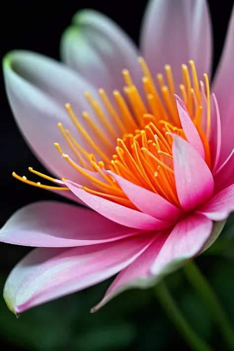 art by Liam Wong A macro photograph of a flower, revealing the delicate petals and stamens. The flower is in full bloom, with vibrant colors and a sweet fragrance. The background is a soft, blurred green, creating a sense of depth and atmosphere.