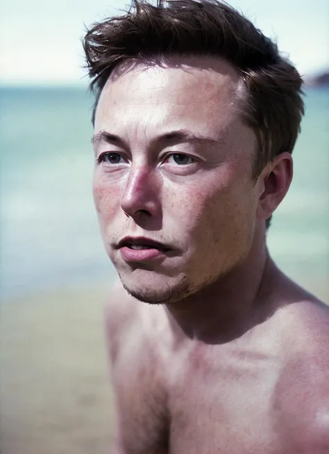 photo of beautiful sks person, hyper realistic photograph, detailed face,film grain, Kodak portra 800, f1.8, intricate, at the beach, <lora:locon_elon_v1_from_v1_64_32:1.25>