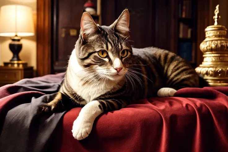 (( art by Charles Camoin )) painting named surrealistic dream of mystery cat in rpg world, animal, fluffy fur, (limited colors, red, black, gold) BREAK, perfect quality, best quality, ultrasharp, ultradetailed, perfect quality, masterpiece, intricated details, <lora:add_detail:0.4>, wallpaper, 8k