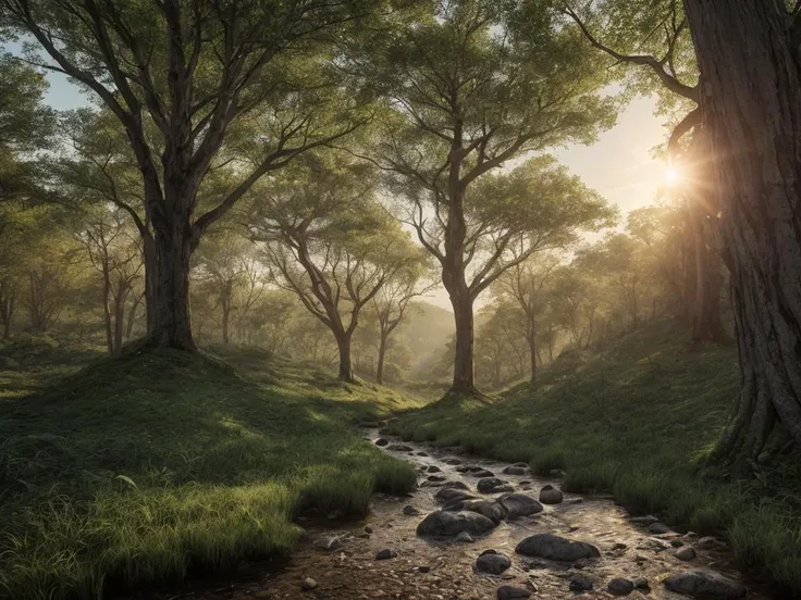 masterpiece_portrait,(best quality:1.4)),photorealistic,(ultra high res),(detailed lighting:1.2),(cinematic lighting:1.1),realistic,intricate_details, finely_detailed,8K Ultra High Definition,wide shot,Tranquil forest stream flowing through a peaceful woodland,Forest at sunset, with vibrant hues painting the sky and foliage,Solitary Watch: A lone tree standing tall amidst a sea of dense forest. The isolated tree becomes a focal point, symbolizing strength and resilience in the face of solitude.,Eternal Guardians: A forest landscape with ancient trees that bear scars and weathered marks, representing the passage of time and the resilience of nature. The scene pays homage to the enduring spirit of the forest.,
