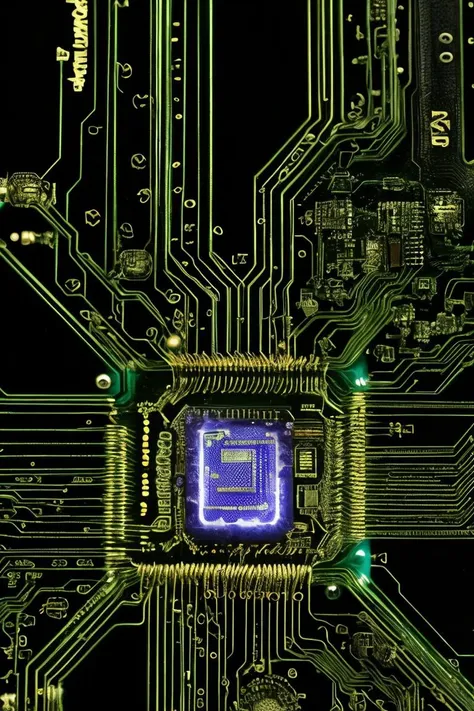 art by Yoshitaka Amano Corrosion on Circuit Board: Close-up of colorful corrosion blooming on a circuit board, resembling a microscopic garden with alien flora. (macro, bioluminescent, vibrant, circuit board)