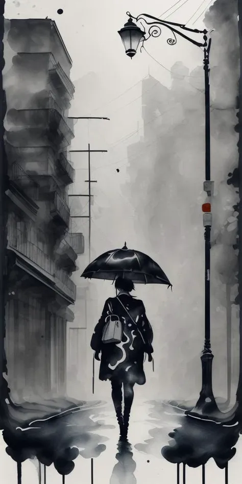(black background), textured, (ink art, ink illustration, ink, rough:1.4), full body portrait of woman walking down city street at night in heavy rain, rain, distorted by rainfall, (flowing lines), swirling ink, highly detailed background, (one streetlamp, moody, sad), multicoloured, ((abstract)) <lora:more_details:0.5>, <lora:inkplace:0.9>