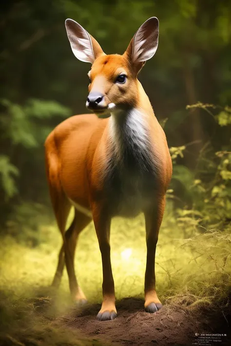 a professional shot of Reeves's Muntjac (Muntiacus reevesi) - Native to southern China, Reeves's muntjacs constitute the smallest members within the cervidae family encompassing various deer species worldwide. Standing roughly 2 feet tall, these diminutive ungulates exhibit chestnut-brown coats speckled with white spots along flanks and hindquarters. Solitary and nocturnal habits render sightings infrequent outside nature reserves dedicated to preserving fragile ecosystems hosting these elusive creatures. in natural habbitat , detailed feathers, good proportions, masterpiece, ultrasharp, ultraclear, deatiled shadows photorealistic, PA7_Photo, raw photo, dynamic angle, dynamic pose , best quality, 8k wallpaper , <lora:红èçé¾å®æç:0.72> photo_focus