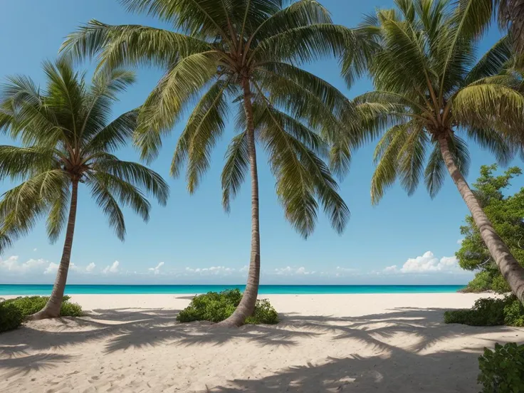 masterpiece_portrait,(best quality:1.4)),photorealistic,(ultra high res),(detailed lighting:1.2),(cinematic lighting:1.1),realistic,intricate_details, finely_detailed, 8K Ultra High Definition,wide shot,(A dynamic tracking shot following the gentle swaying motion of palm tree leaves, creating a rhythmic and hypnotic visual experience against the backdrop of the emerald sea.),A cinematic shot of a secluded white sandy beach embraced by lush greenery and palm trees, with the emerald sea providing a striking contrast against the sandy shore.