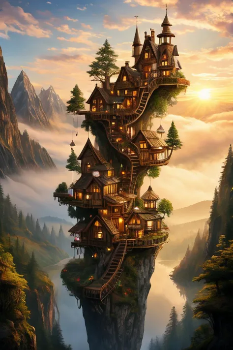 valley, fairytale treehouse village covered, , matte painting, highly detailed, dynamic lighting, cinematic, realism, realistic, photo real, sunset, detailed, high contrast, denoised, centered, michael whelan, aesthetically, highly aesthetic, artistically, extremely detailed, masterpiece, light refraction, extremely detailed, hyperdetailed, masterpiece