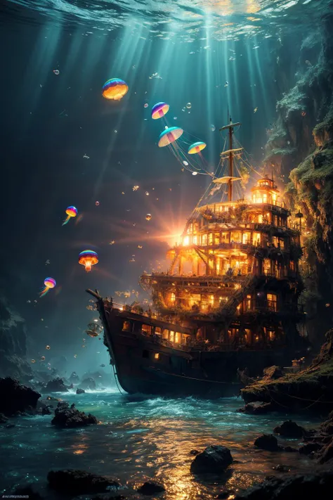 hyperrealistic art image of Sunken Treasure, The Shipwreck of the Maravillas, scary, gloomy, extremely high-resolution details, photographic, realism pushed to extreme, fine texture, incredibly lifelike, bubbles and rainbow jellyfish around, beautiful back light, warm fireflies around, particles, water bubbles, aesthetically, highly aesthetic, artistically, extremely detailed, masterpiece, light refraction, extremely detailed, hyperdetailed, masterpiece