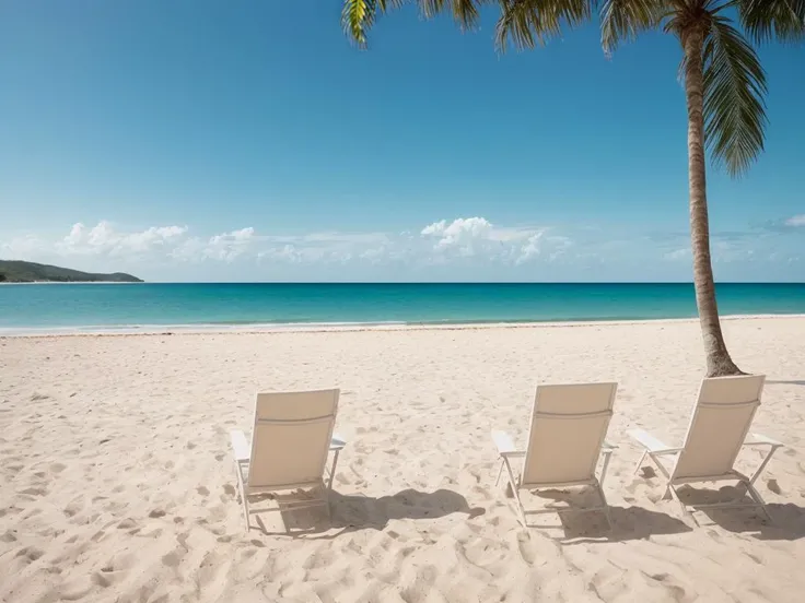 masterpiece_portrait,(best quality:1.4)),photorealistic,(ultra high res),(detailed lighting:1.2),(cinematic lighting:1.1),realistic,intricate_details, finely_detailed, 8K Ultra High Definition,wide shot,(An evocative shot of a lone beach chair positioned strategically on the white sand, facing the endless expanse of the emerald sea, inviting viewers to imagine their own moments of contemplation and tranquility.),A cinematic panorama capturing the breathtaking beauty of a pristine white sandy beach, the emerald sea stretching as far as the eye can see, palm trees swaying in rhythmic harmony, and a sense of serenity that transports you to a world of blissful escape.