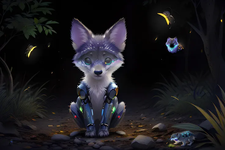 (Masterpiece, Best Quality:1.3), highres, official art, animal, (ultra-detailed portrait),(Realistic:1.5), cryptids,(CRYPTIDS:1.3), (futobot with small legs:1.6), (preparing to fight with swords) <lora:Futuristicbot4:0.8> <lora:Cryptids-13:0.8>, (ray tracing, octane render), (ambient lighting), diffused lighting, particles, dark alley, rubble, dust, dystopian future, (highrise skyscrapers in the background), (moonlit night), (facing the camera:1.5) sharp focus, (depth of field), Fuji 85mm, from below, fairytale illustration, (solo:1.3), full body,([rabbit: fox: 0.3]female), feathers, soft, stylish, perfect eyes, (shiny), beautiful, cute, (cinematic lighting:1.1), perfect, (details:1.2), warmth, wide shot, animal focus, sharp focus, scenery, extremely detailed background, fantasy, 8k, (blurry background), (shadow), realistic, ((volumetric lighting)), perfect composition, reflection, grass, tree,  bioluminescence, (bioluminescent grass.1.3), (bioluminescent fur.1.5), (fireflies:1.2)